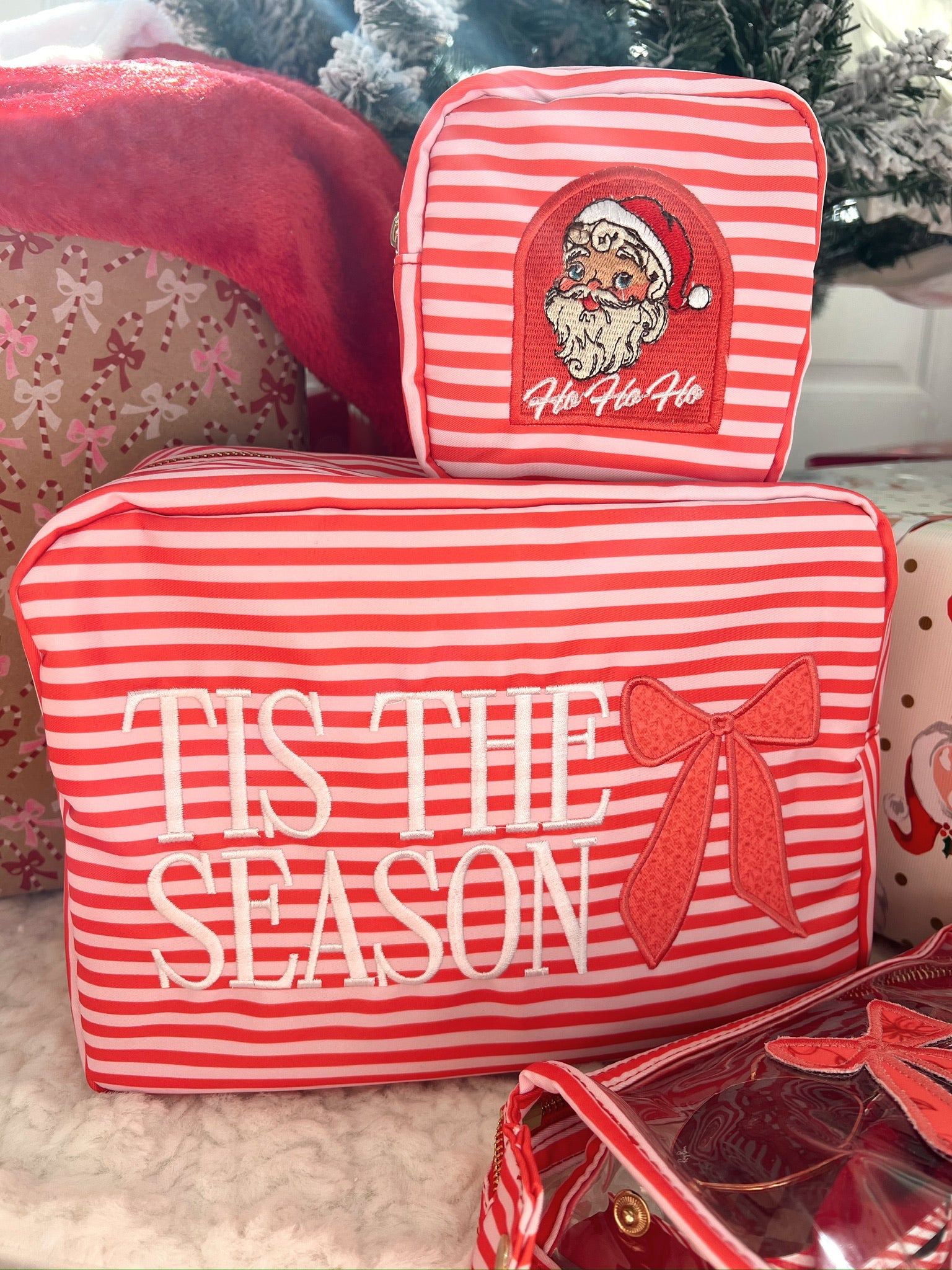 Makeup Bag Tis The Season - Red Stripes XL Nylon Bag