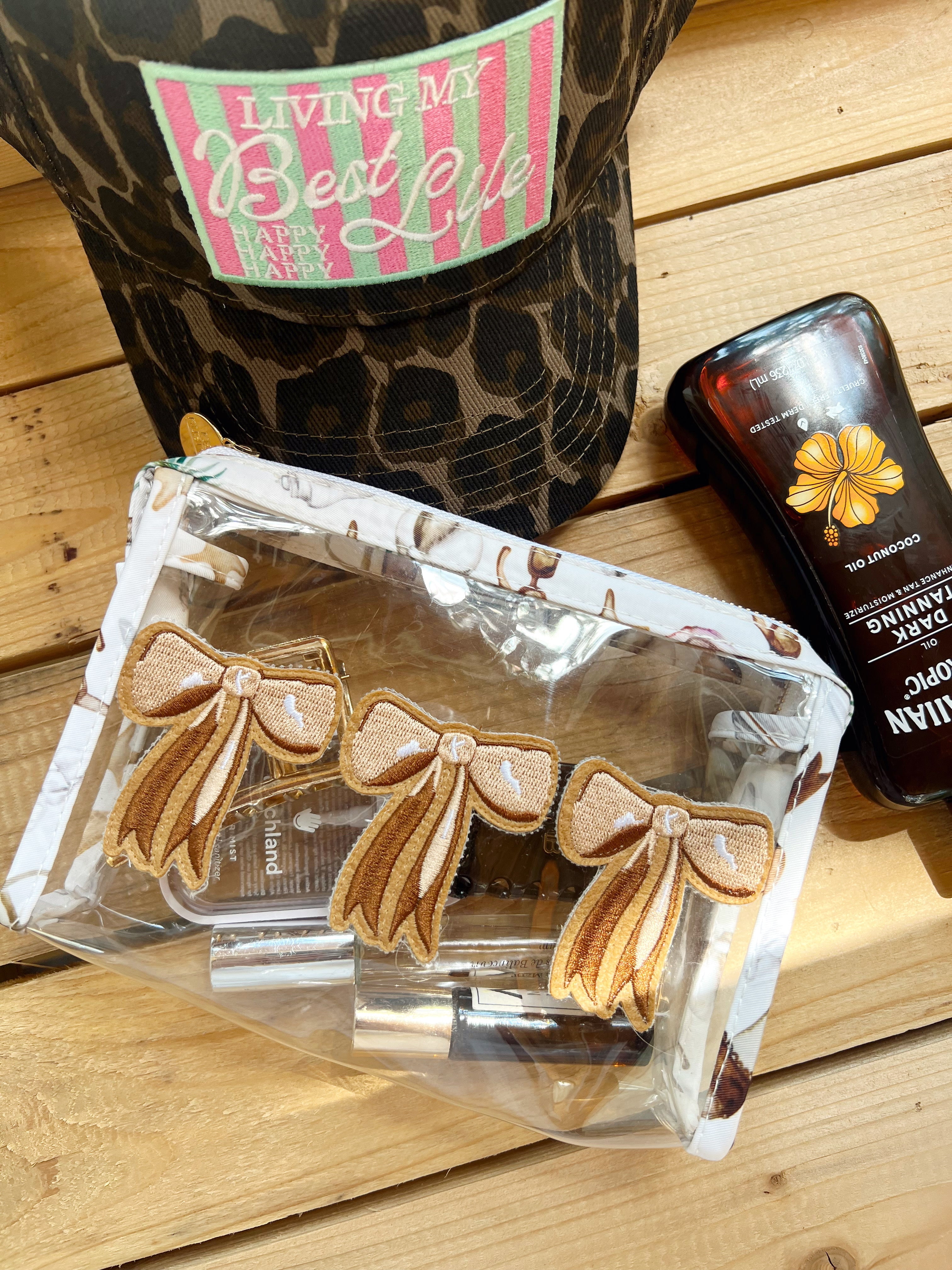 Makeup Bag 3 Brown Bows - Snap Clear Pouch