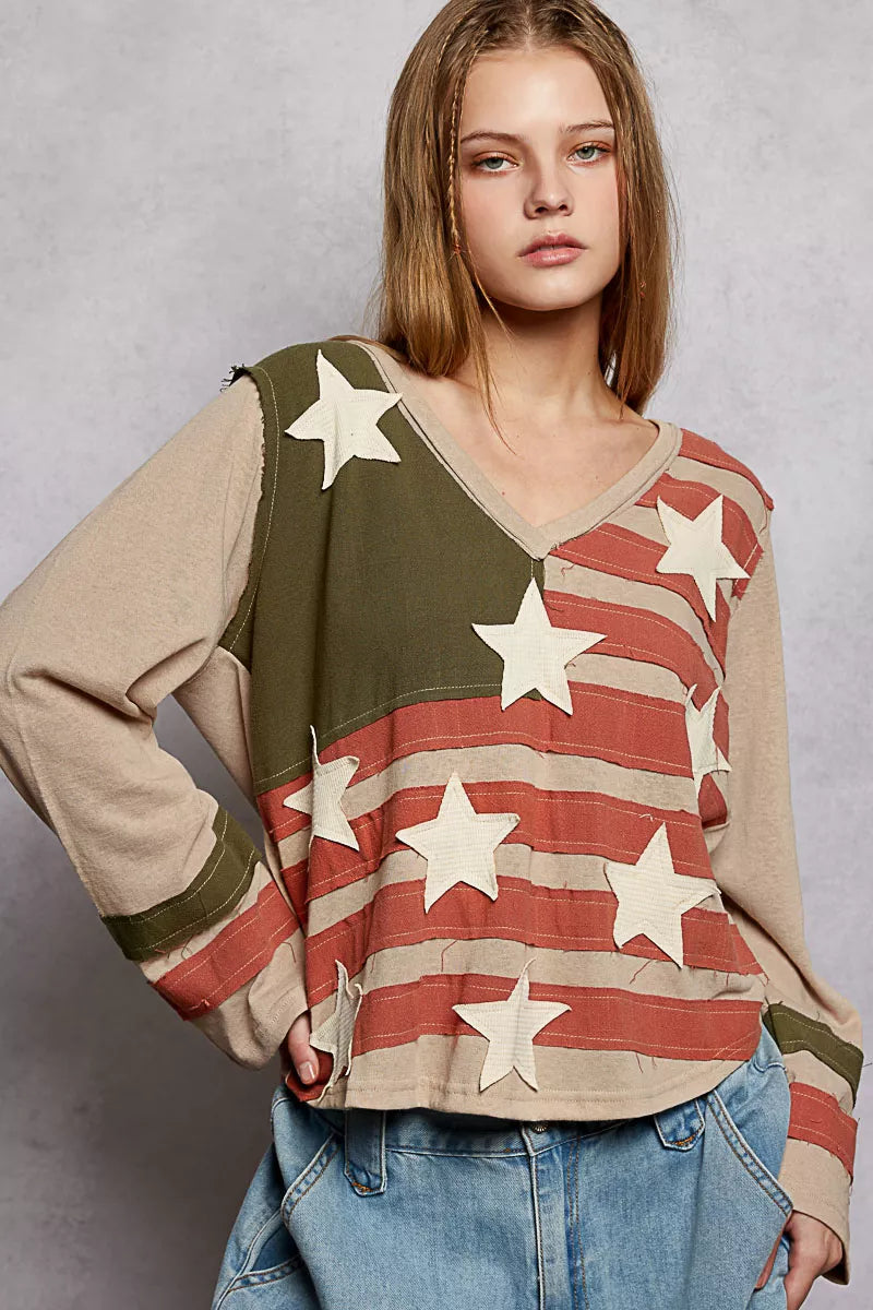 POL Double Gauze American Flag Patch V-Neck Long Sleeve T-Shirt