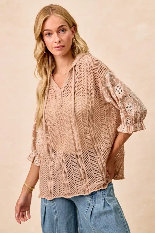 BiBi Jacquard Flower Puff Sleeve Hooded Knit Top