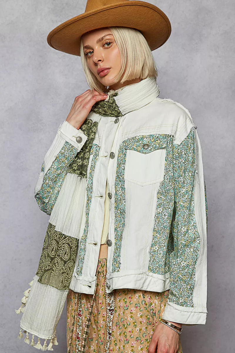 POL Button Down Patchwork Denim Jacket with Floral Print Details