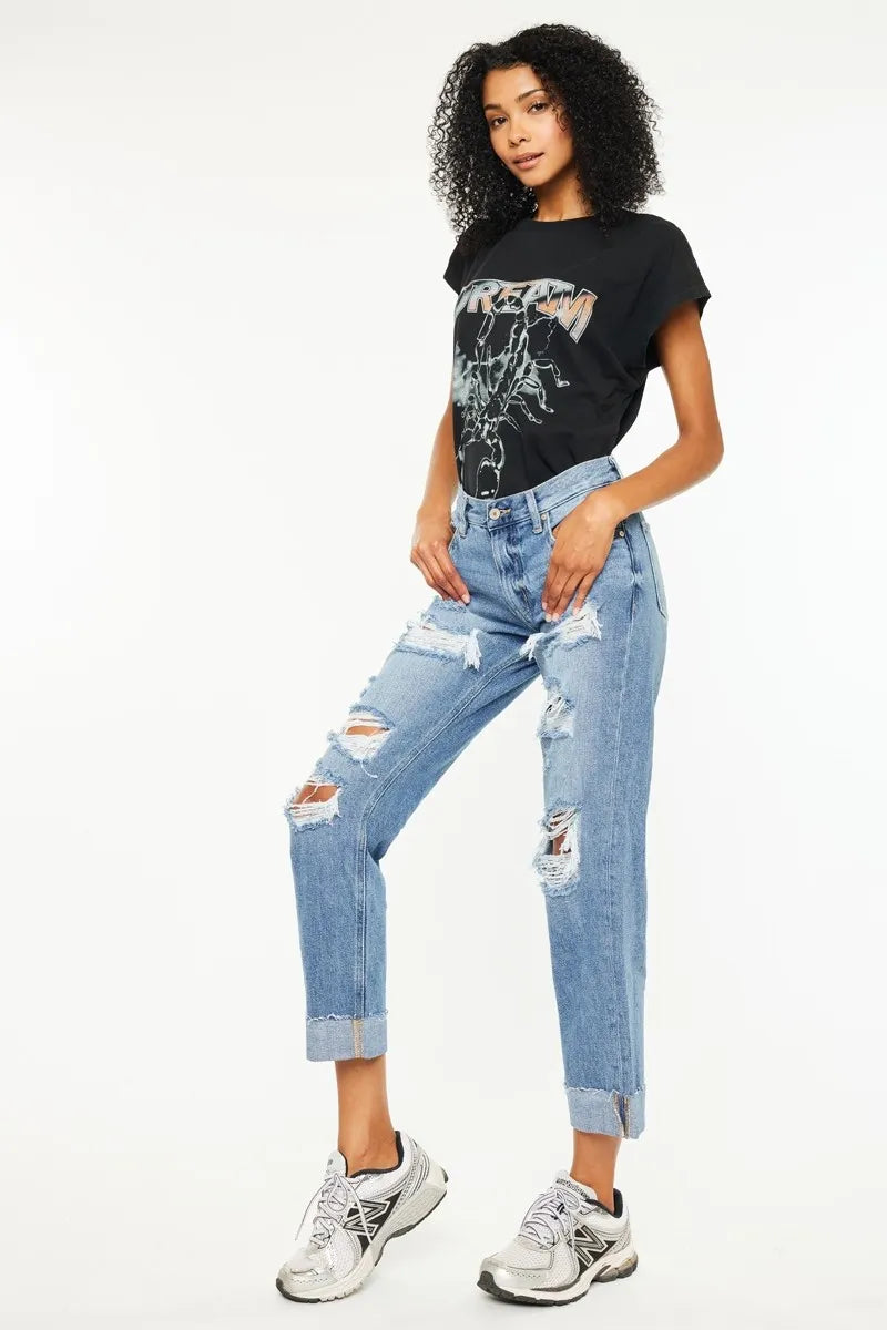 Kancan Mid Rise Distressed Boyfriend Fit Jeans