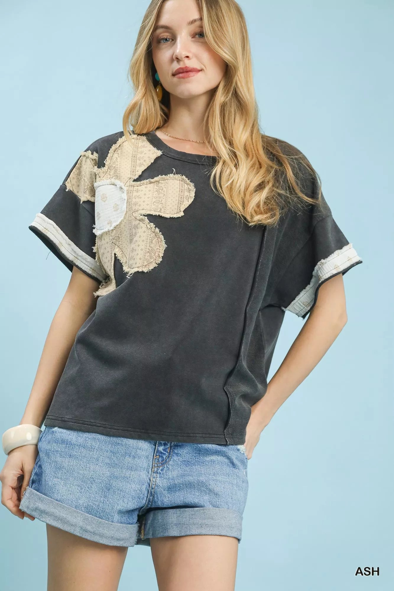 Umgee French Terry Top with Flower Patch