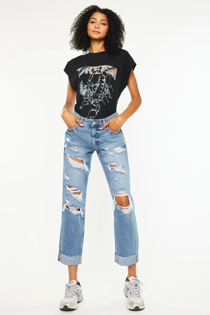 Kancan Mid Rise Distressed Boyfriend Fit Jeans