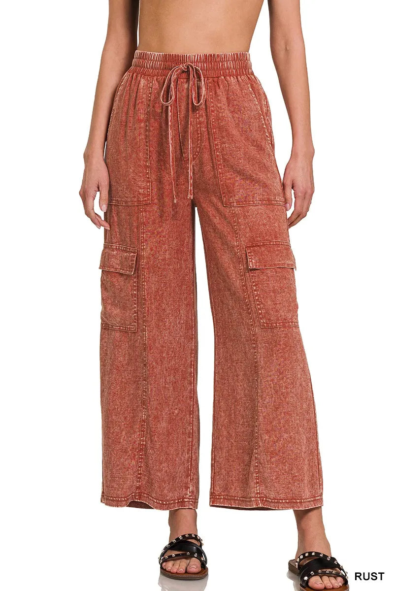 Zenana Washed Linen Elastic Band Waist Cargo Pants