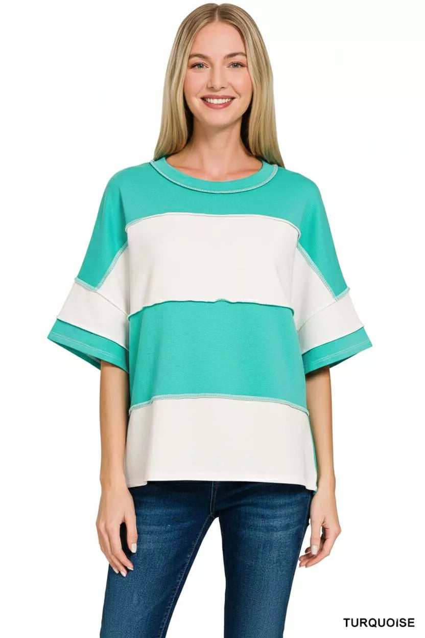 Zenana French Terry Color Block Exposed Seam Top