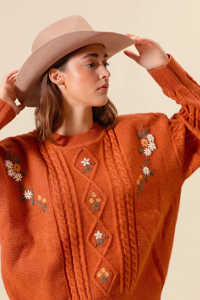 SO ME Embroidered Flower Cable Knitted Sweater