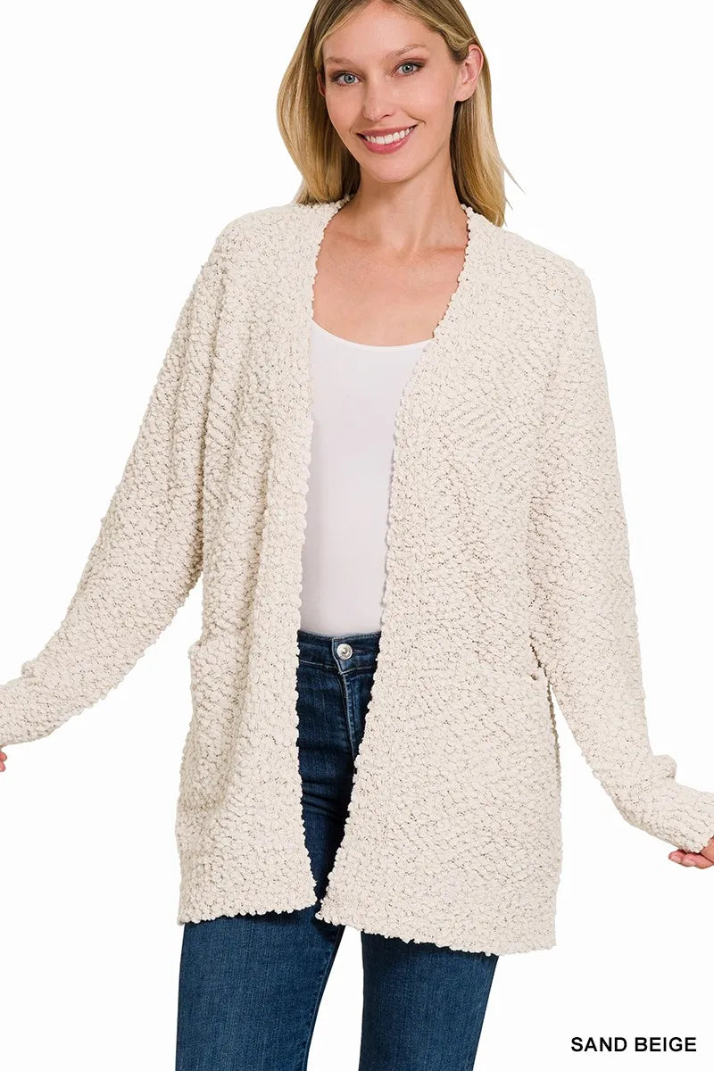 Zenana Long Sleeve Popcorn Sweater Cardigan with Pockets