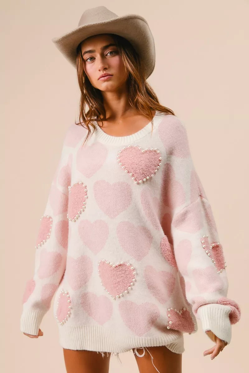 BiBi Heart Pattern Sweater with Pearl Detail