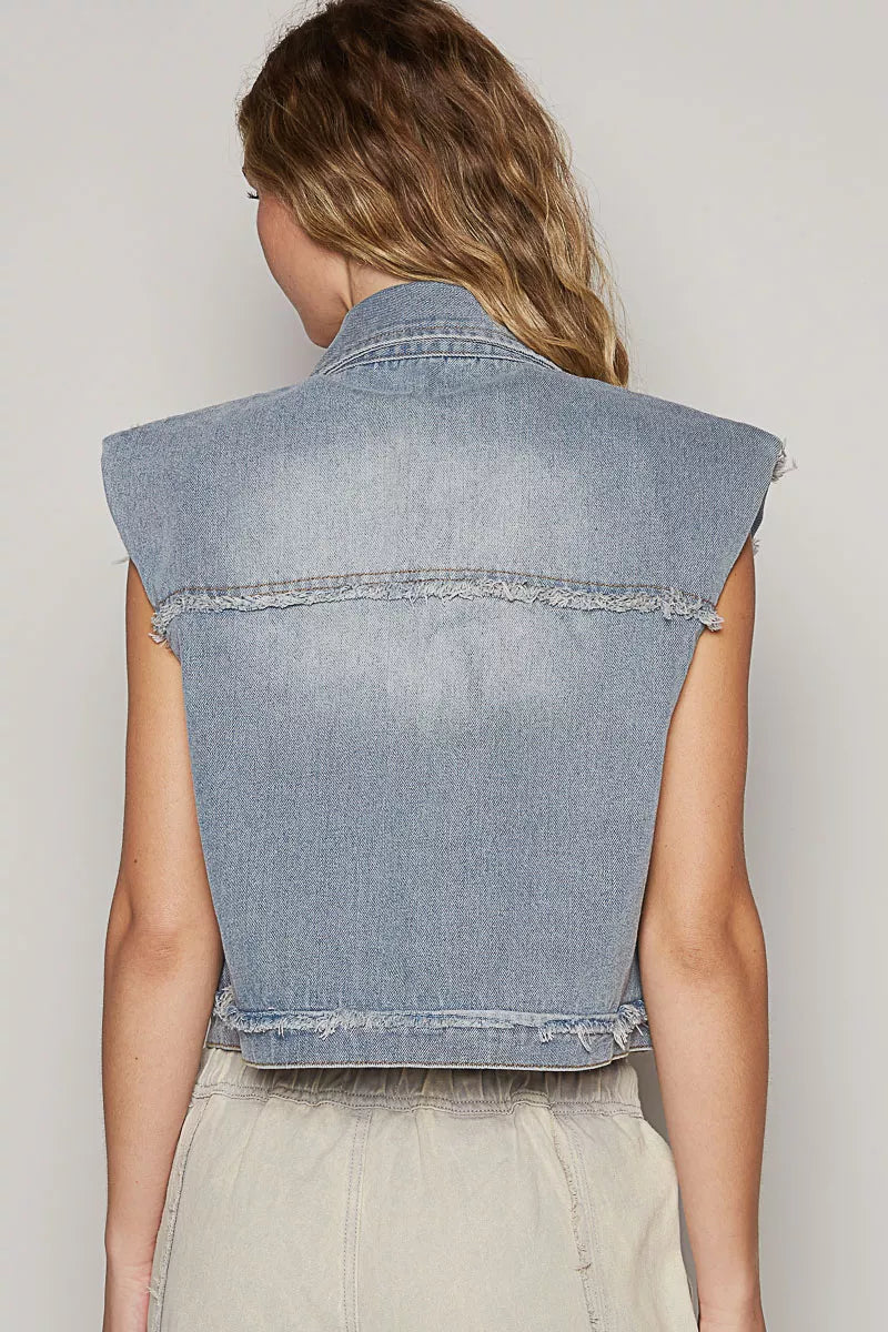 POL Assymetrical Front Closure Raw Hem Denim Vest