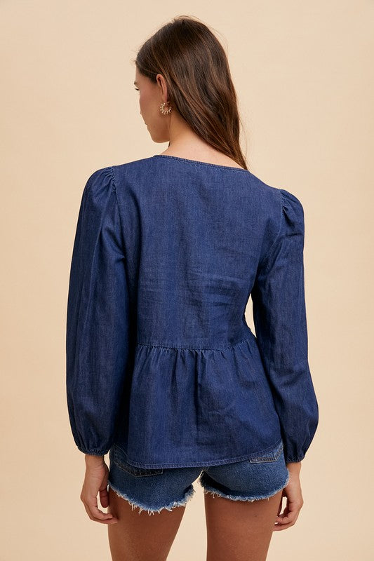 Shirts & Tops Annie Wear Tie Front Peplum Long Sleeve Denim Top