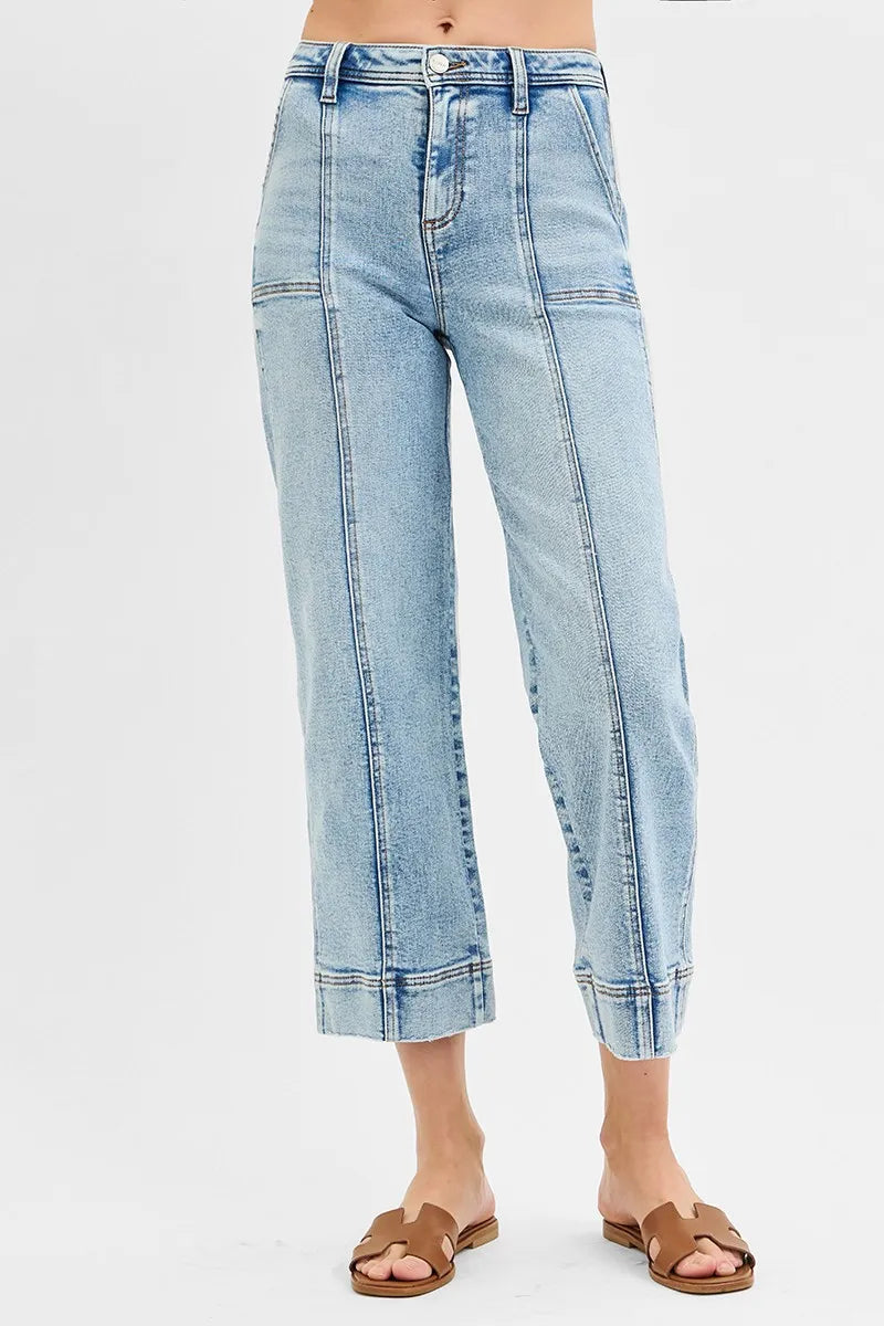 RISEN Full Size High Rise Crop Wide Front Seam Detailed Jeans Plus Size