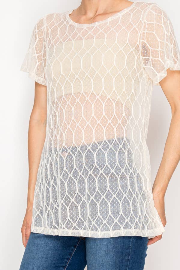 Sheer Lattice Mesh Short Sleeve Blouse - Beige