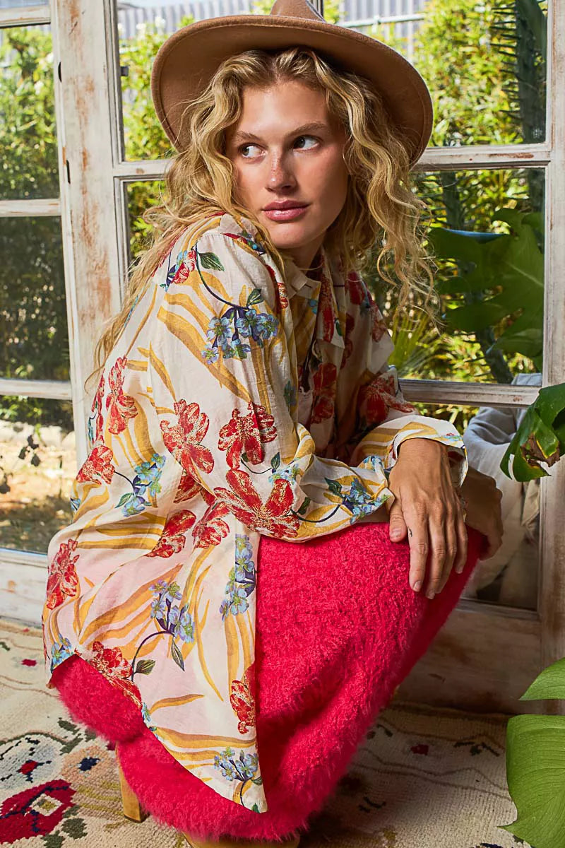 POL Floral Print Button Down Long Sleeve Shirt