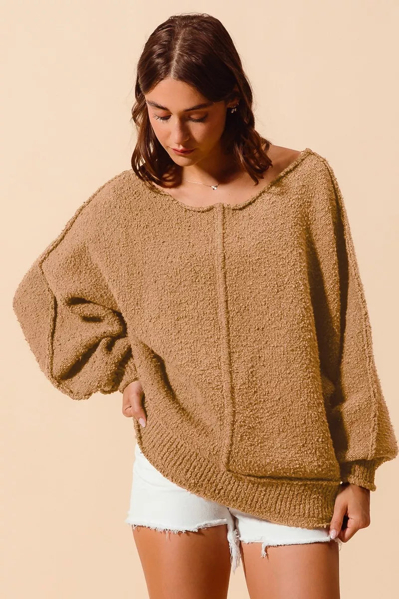 SO ME Loose Fit Exposed Seam Slouchy Boucle Sweater