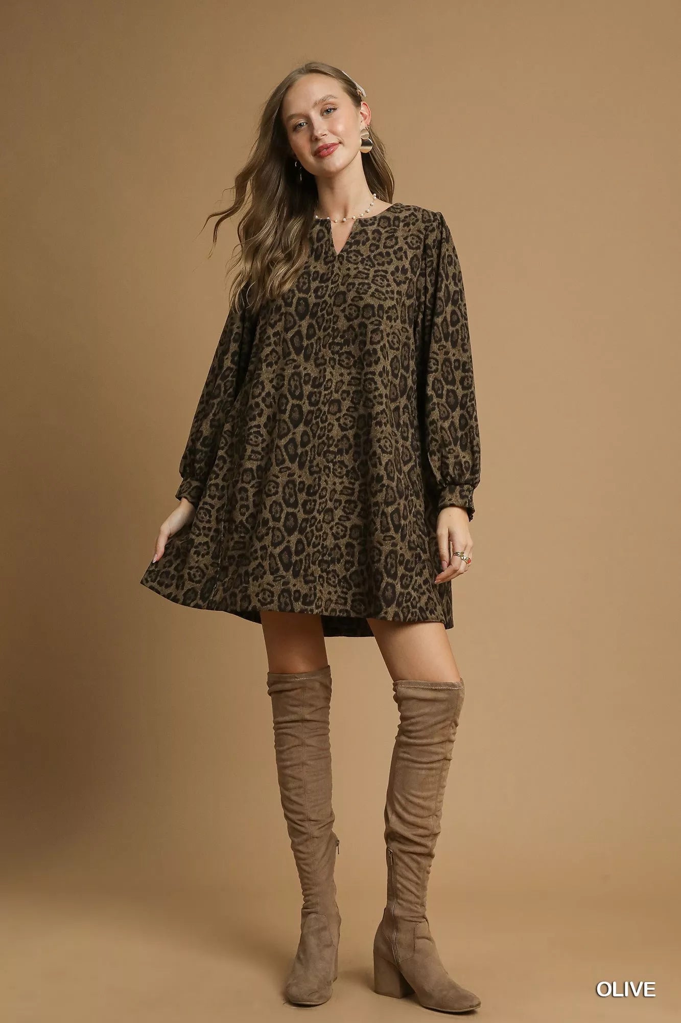 Umgee Leopard Print Long Sleeve Swing Dress