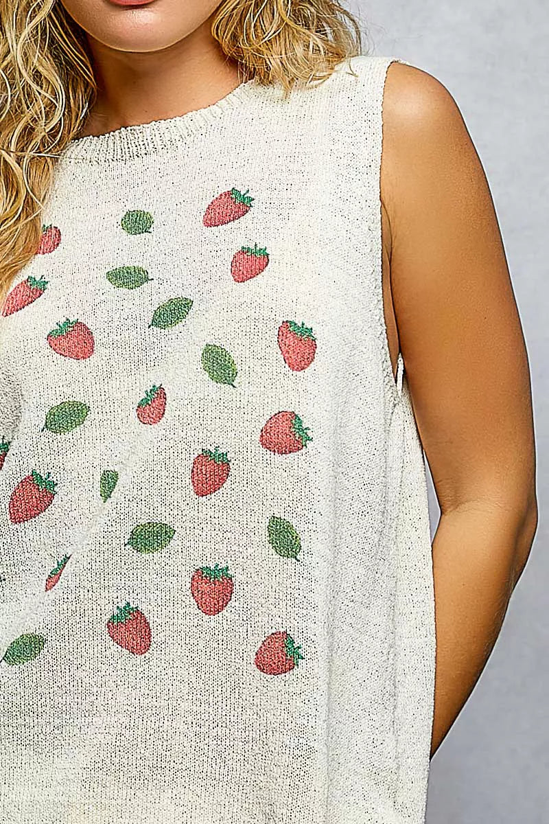 POL Strawberry Pattern Round Neck Sleeveless Sweater Top