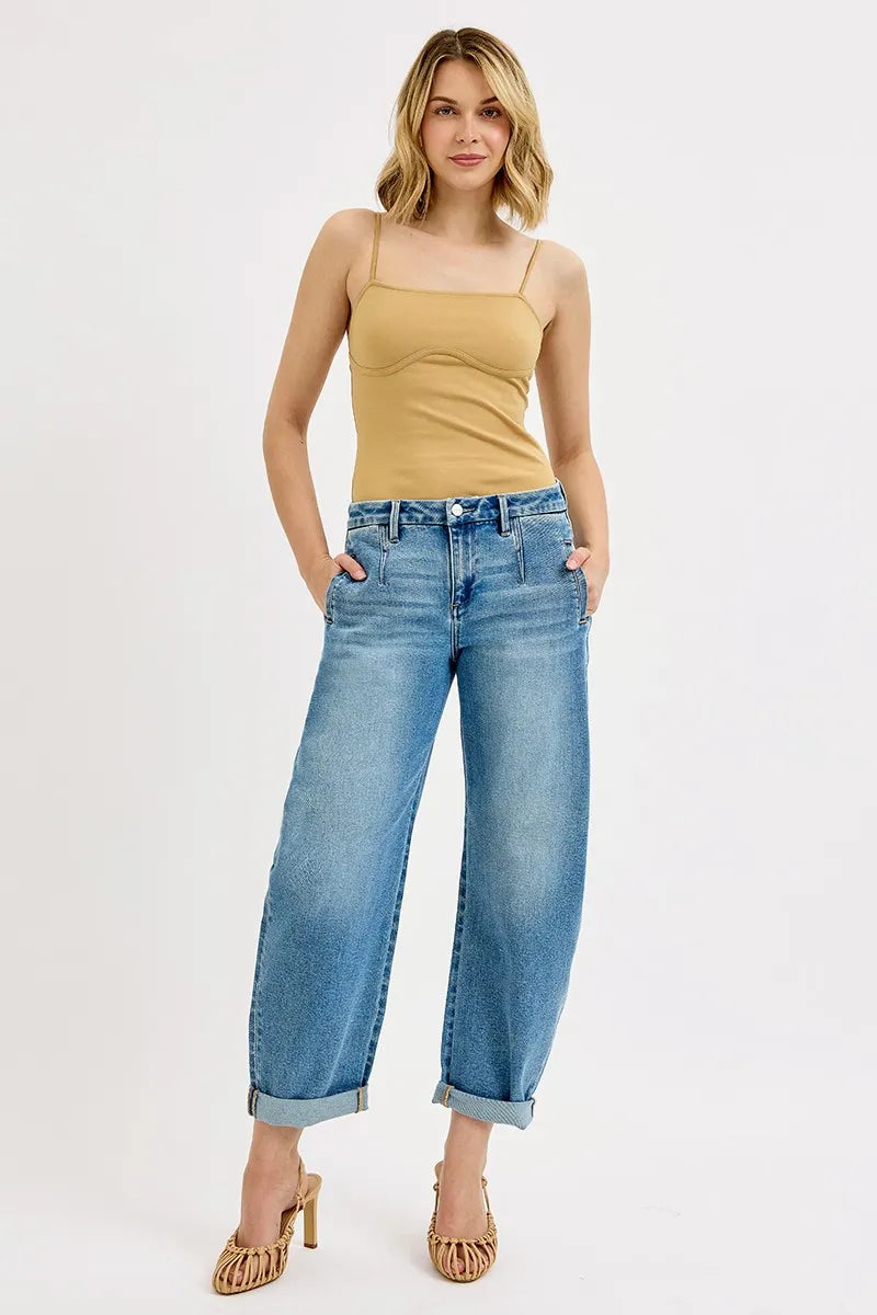 RISEN Full Size Mid Rise Fit Barrel Roll Up Jeans Plus Size Jo Jo