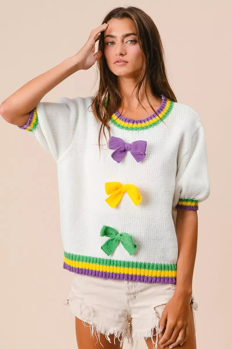 BiBi Short Puff Sleeve Ribbon Bow Mardi Gras Sweater
