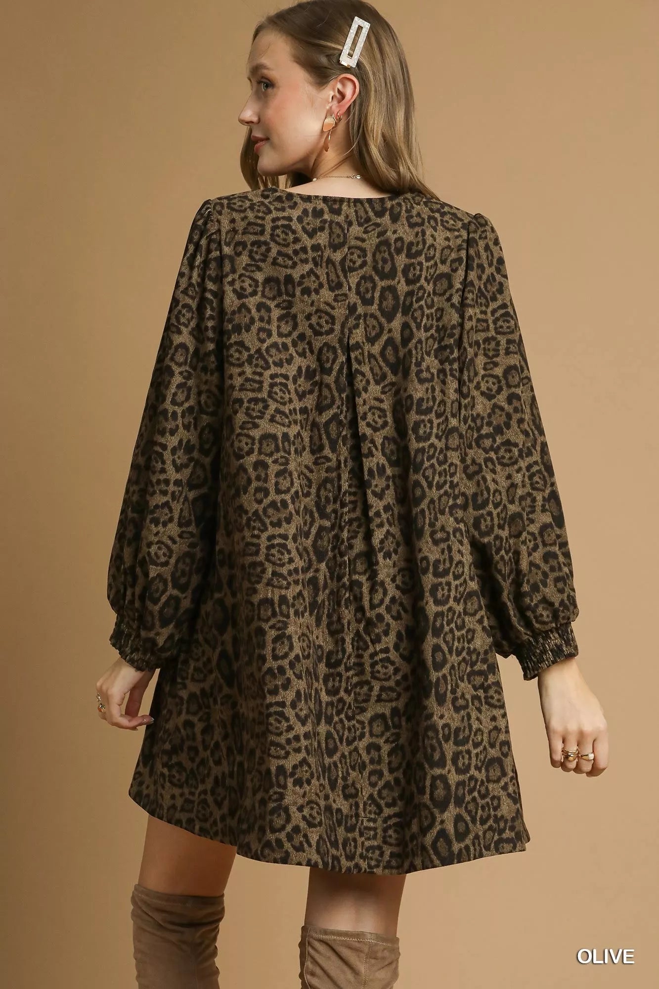 Umgee Leopard Print Long Sleeve Swing Dress