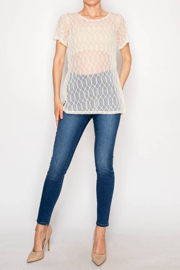Sheer Lattice Mesh Short Sleeve Blouse - Beige