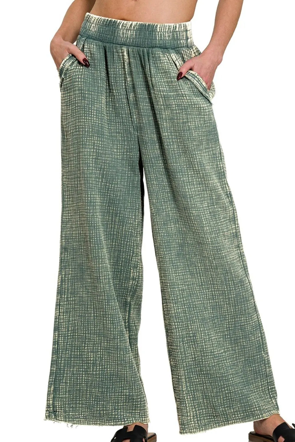 Zenana Washed Double Gauze Elastic Band Waist Pants