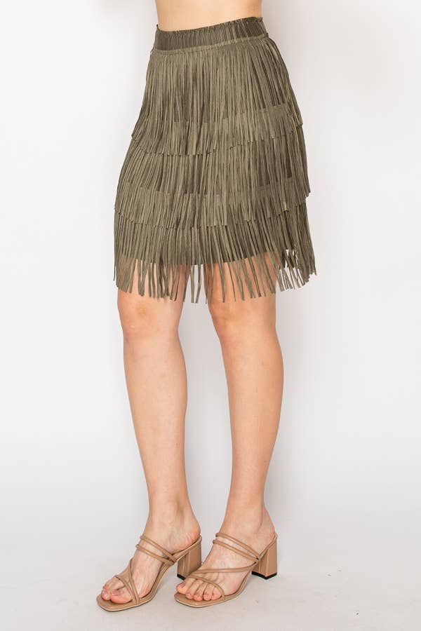 Olive Knee Length Layered Fringe Tiered Skirt