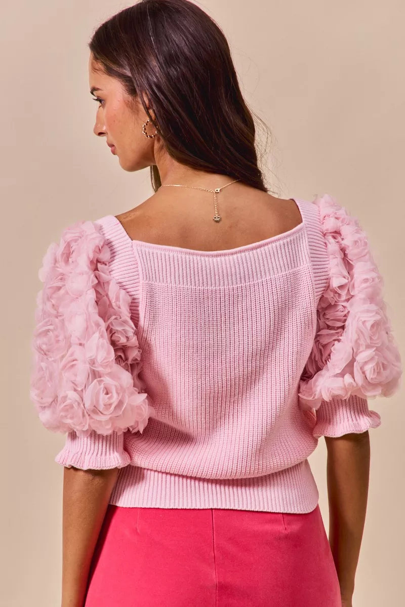 SO ME Rosette Sleeves Square Neck Sweater Knit Top