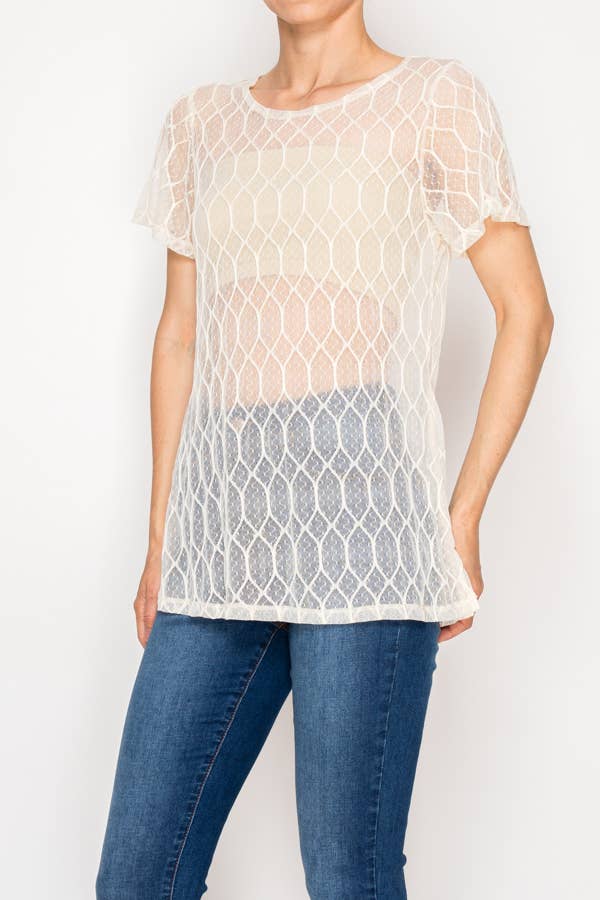 Sheer Lattice Mesh Short Sleeve Blouse - Beige