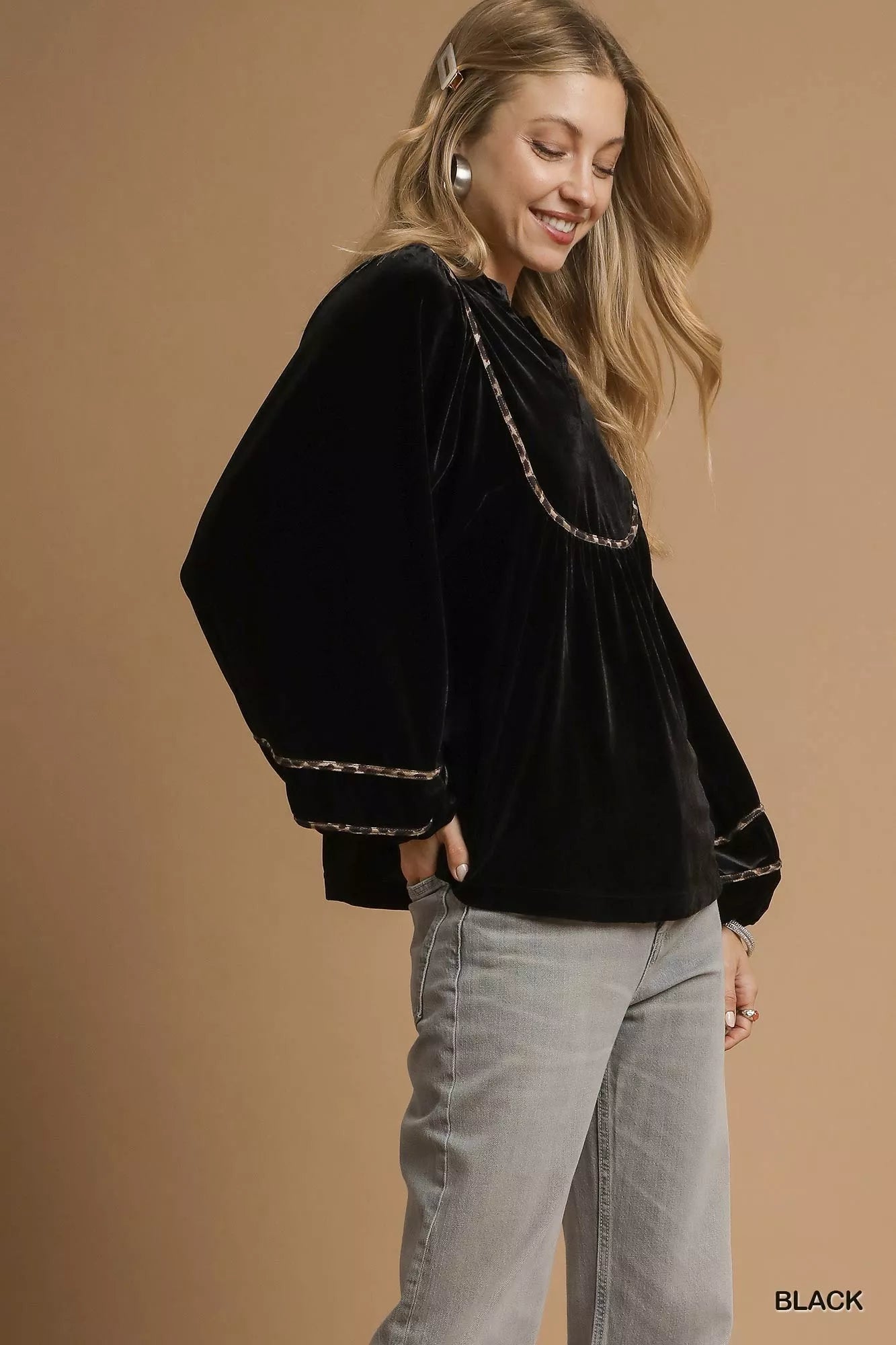 Umgee Velvet Long Sleeve Blouse with Contrast Trim