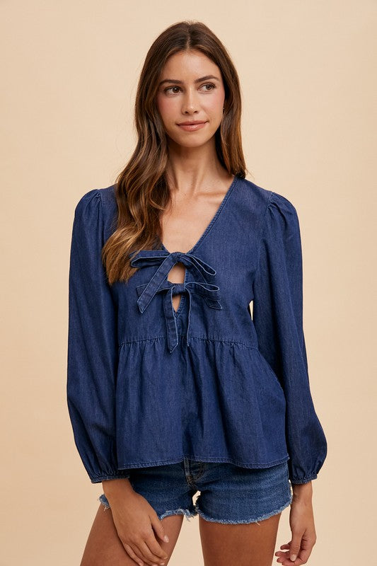 Shirts & Tops Annie Wear Tie Front Peplum Long Sleeve Denim Top