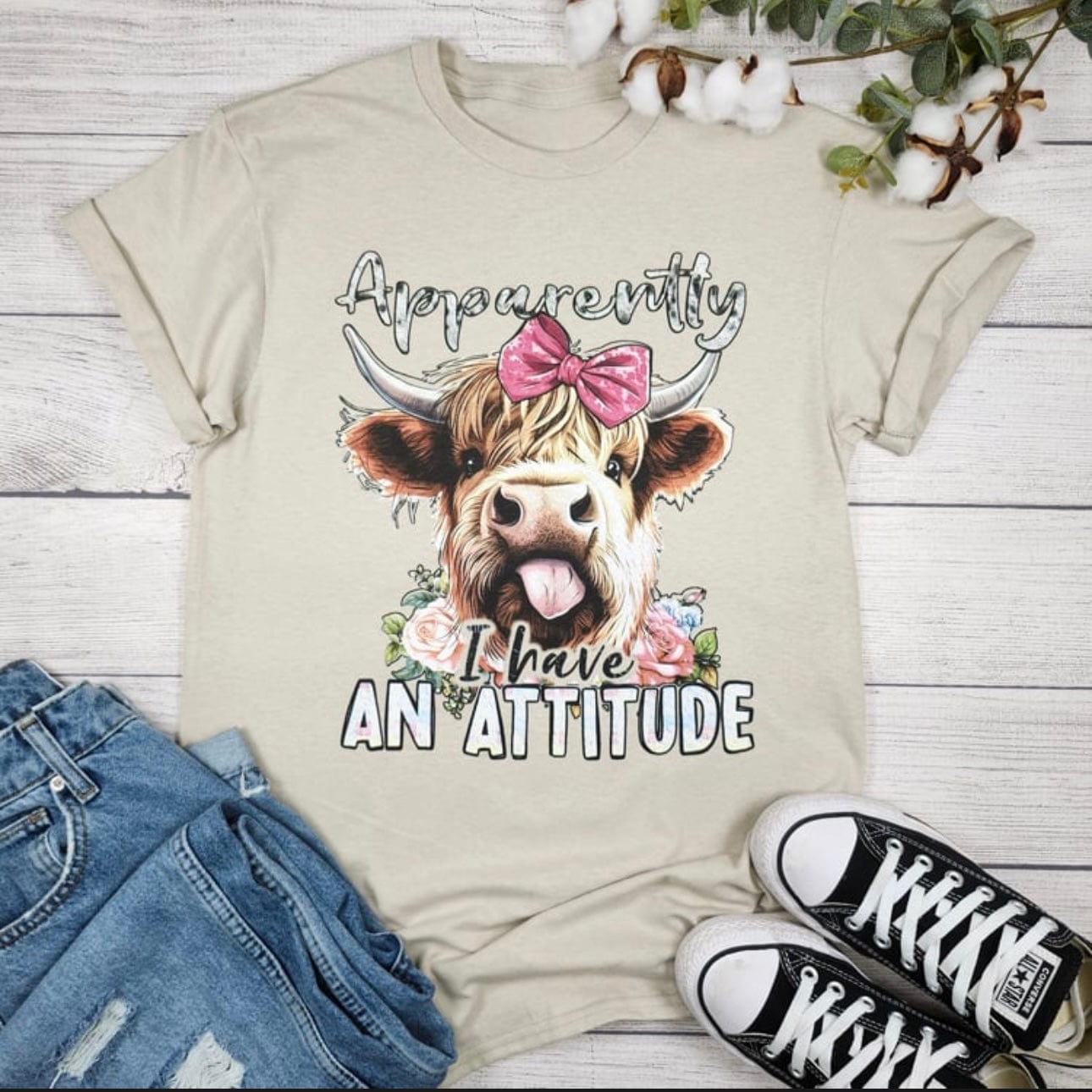 Women - Apparel - Shirts - T-Shirts Apparently I Have An Attitude Highland Cow Graphic Tee