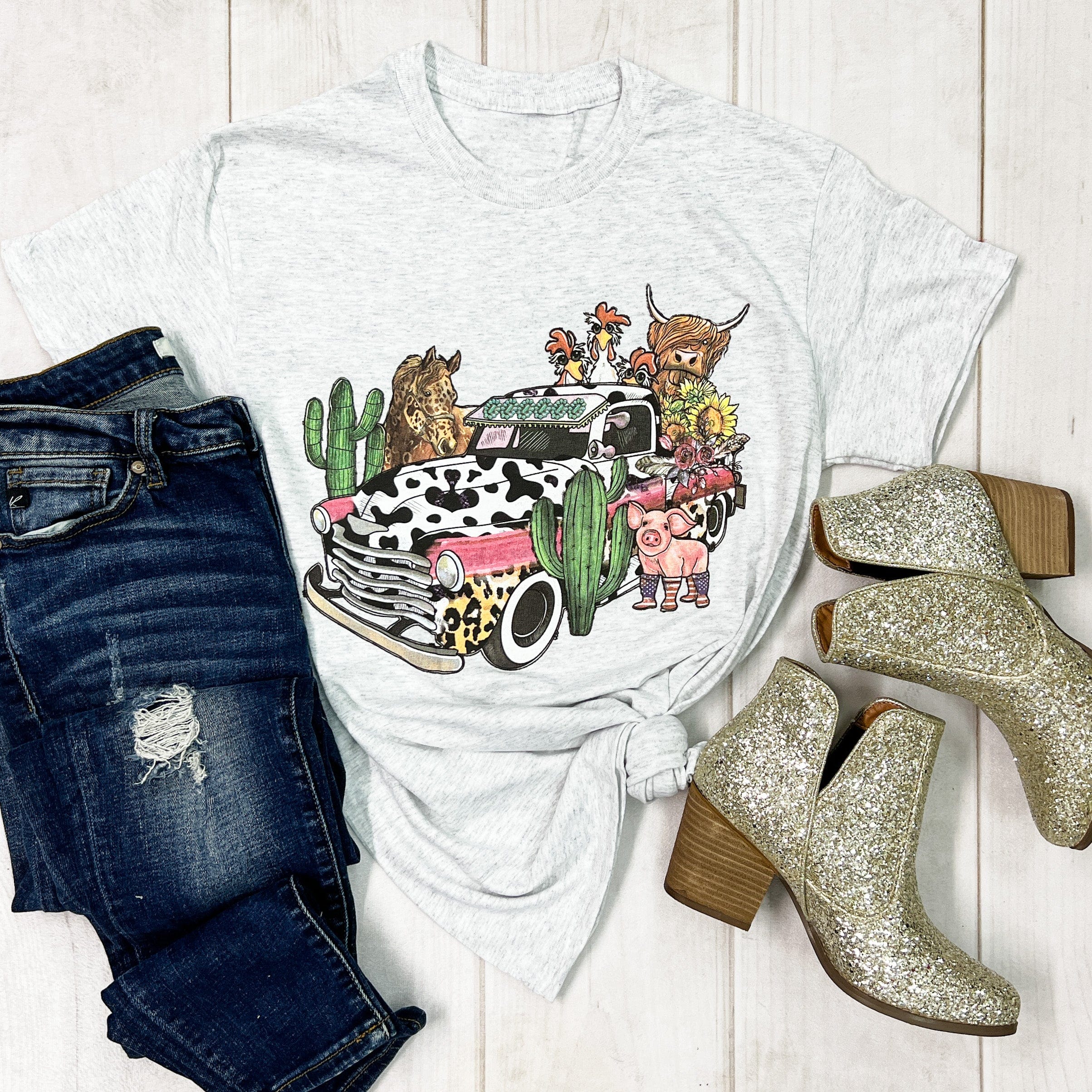 Women - Apparel - Shirts - T-Shirts Barnyard Cow Print Truck Graphic Tee