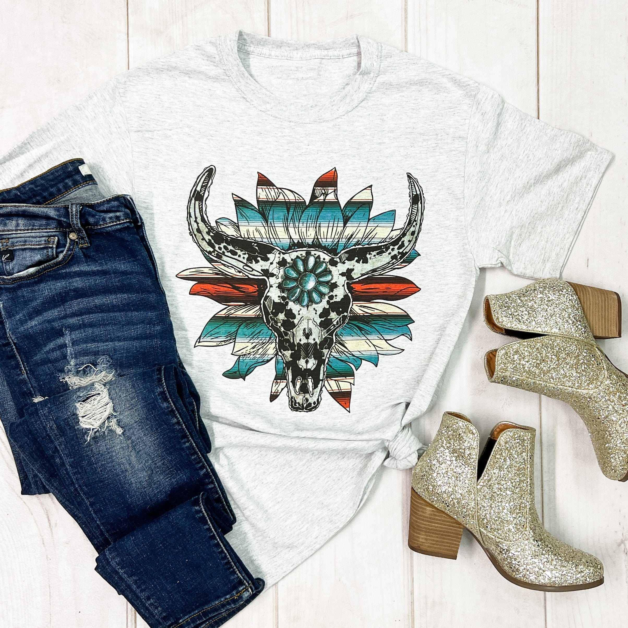 Women - Apparel - Shirts - T-Shirts Cow Print Serape Turquoise Bullskull Flower Graphic Tee