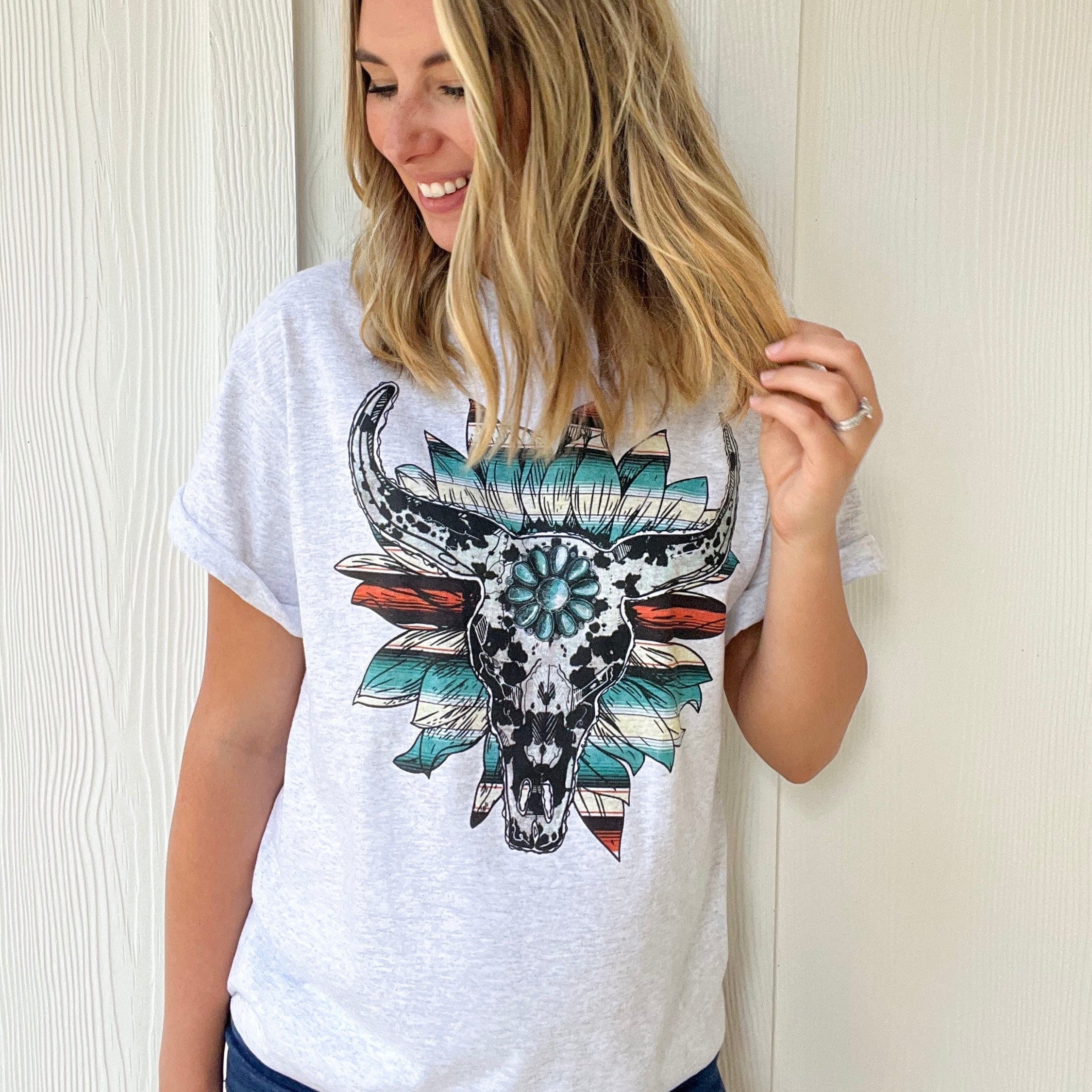 Women - Apparel - Shirts - T-Shirts Cow Print Serape Turquoise Bullskull Flower Graphic Tee