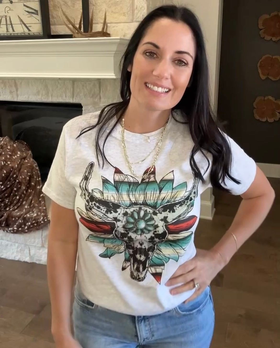 Women - Apparel - Shirts - T-Shirts Cow Print Serape Turquoise Bullskull Flower Graphic Tee