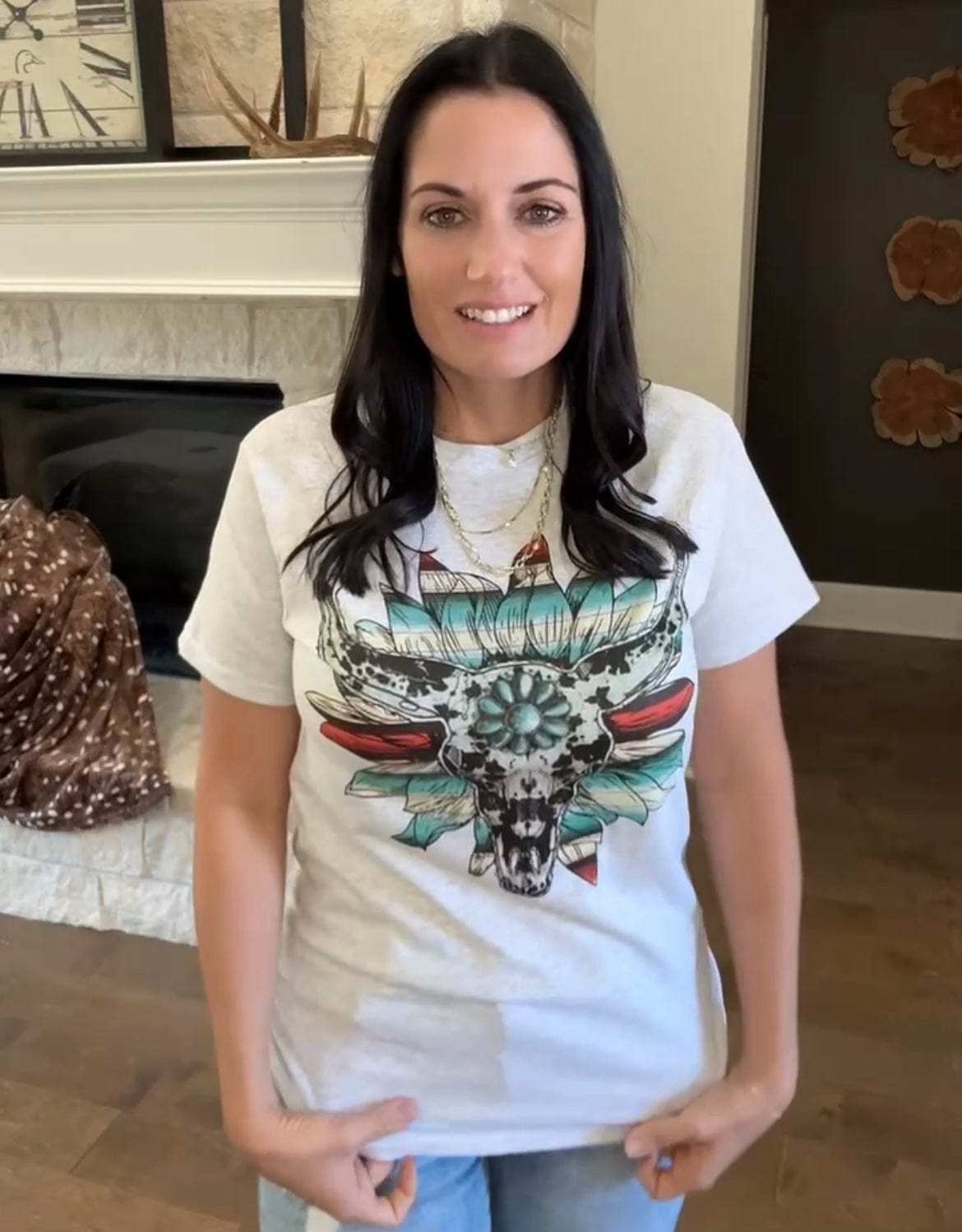 Women - Apparel - Shirts - T-Shirts Cow Print Serape Turquoise Bullskull Flower Graphic Tee