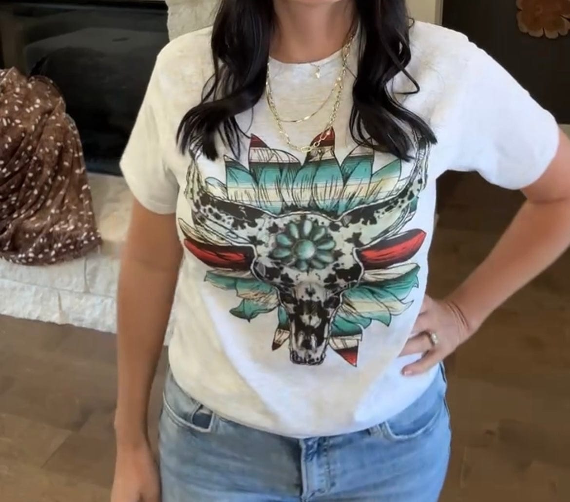 Women - Apparel - Shirts - T-Shirts Cow Print Serape Turquoise Bullskull Flower Graphic Tee