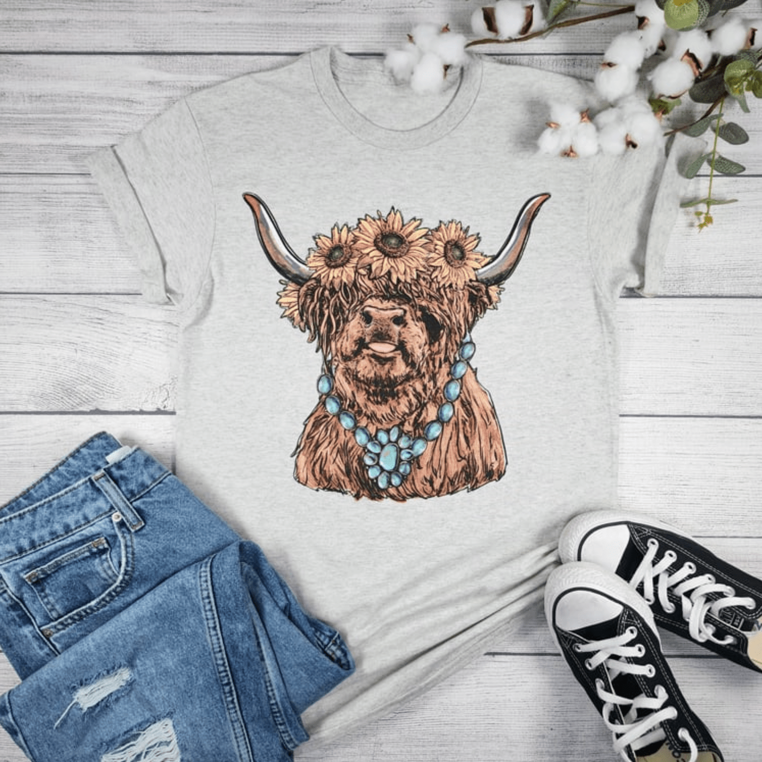 Cow With Gemstone Necklace Highland Cow Crew Graphic Tee
