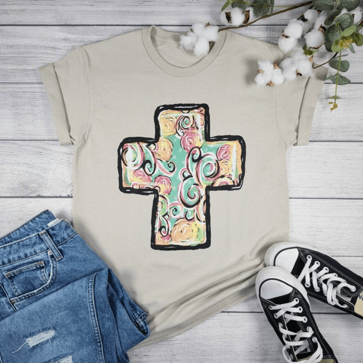 Women - Apparel - Shirts - T-Shirts Floral Cross Graphic Tee