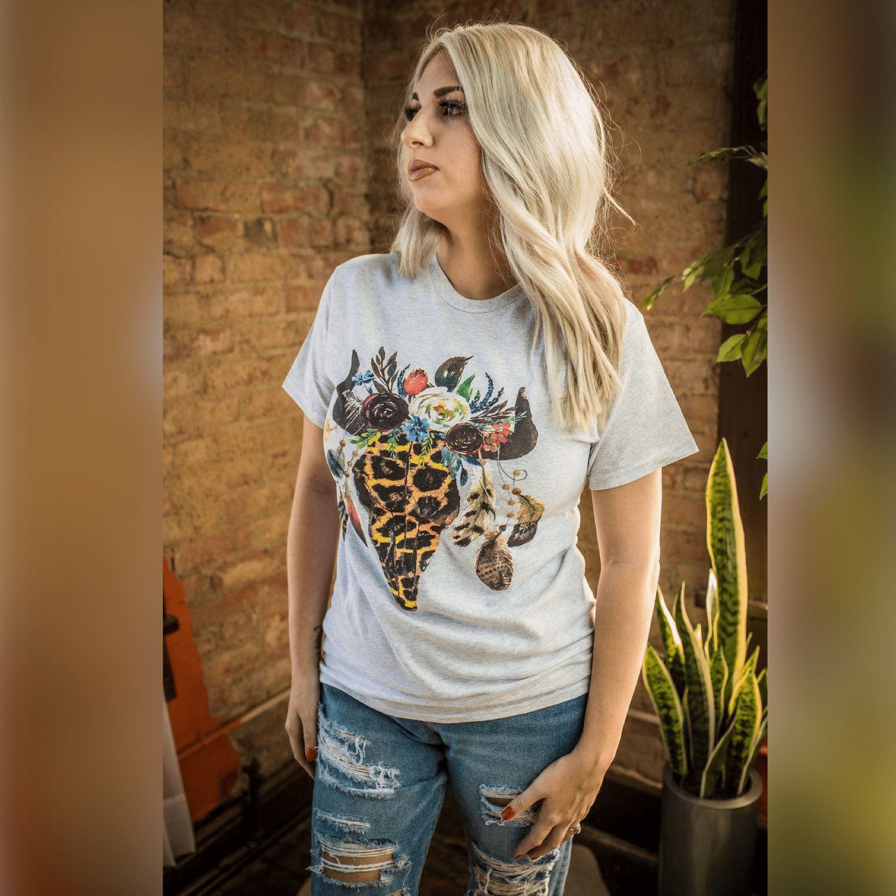 Women - Apparel - Shirts - T-Shirts Leopard Floral Feather Bull Skull Graphic Tee