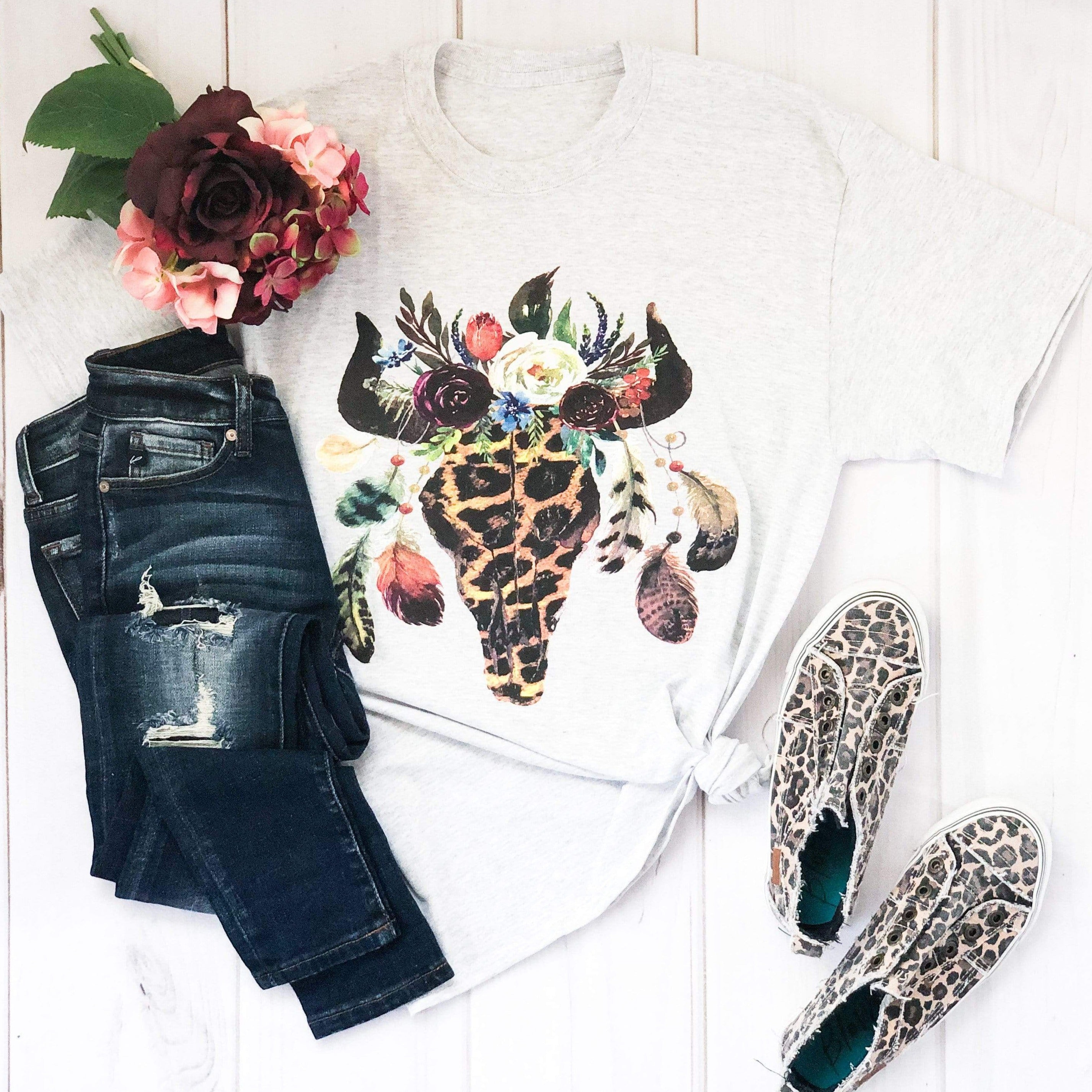 Women - Apparel - Shirts - T-Shirts Leopard Floral Feather Bull Skull Graphic Tee