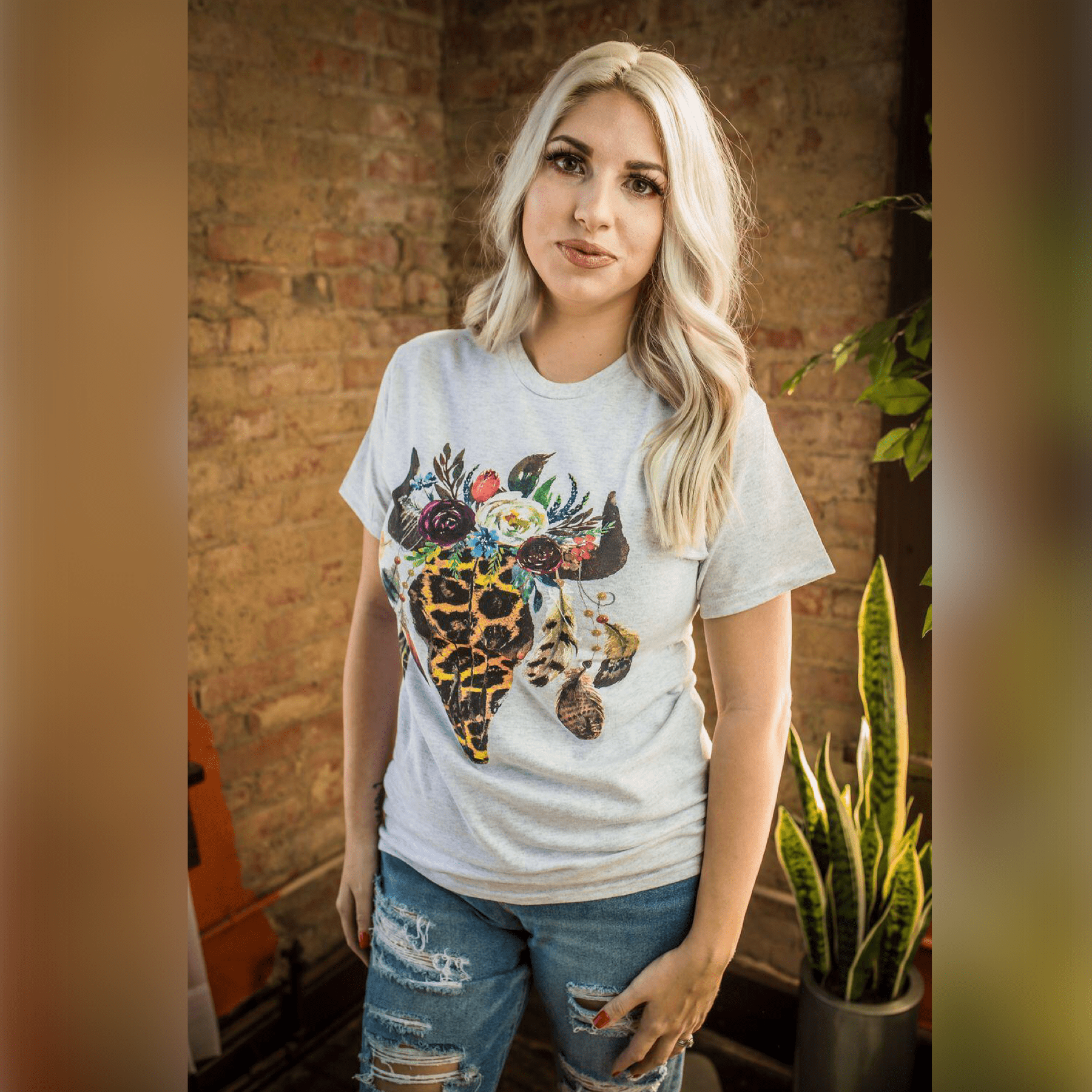 Women - Apparel - Shirts - T-Shirts Leopard Floral Feather Bull Skull Graphic Tee