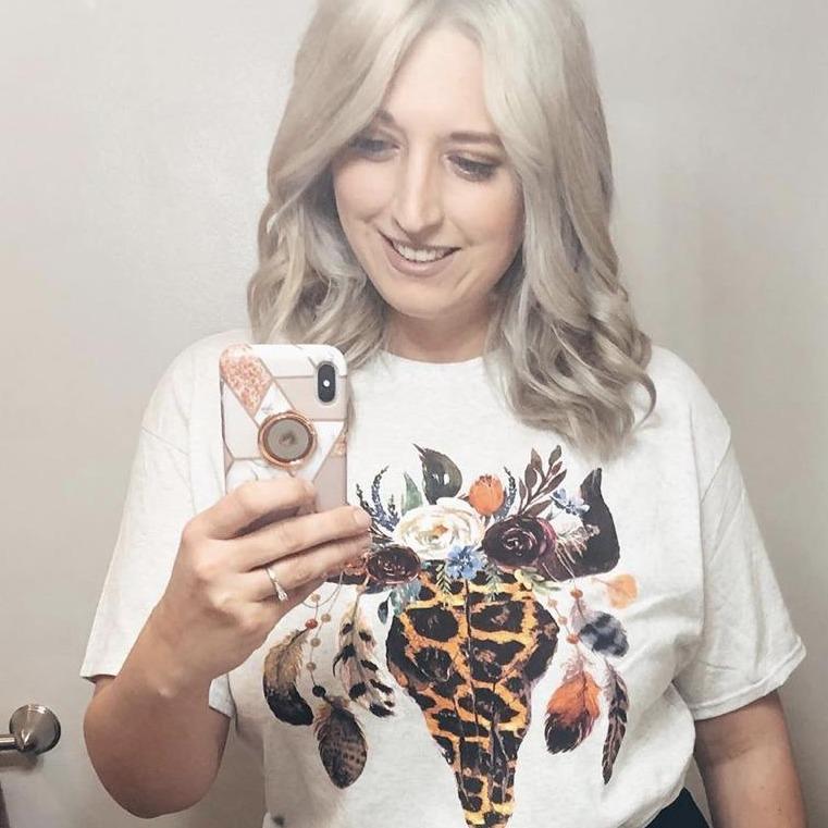 Women - Apparel - Shirts - T-Shirts Leopard Floral Feather Bull Skull Graphic Tee