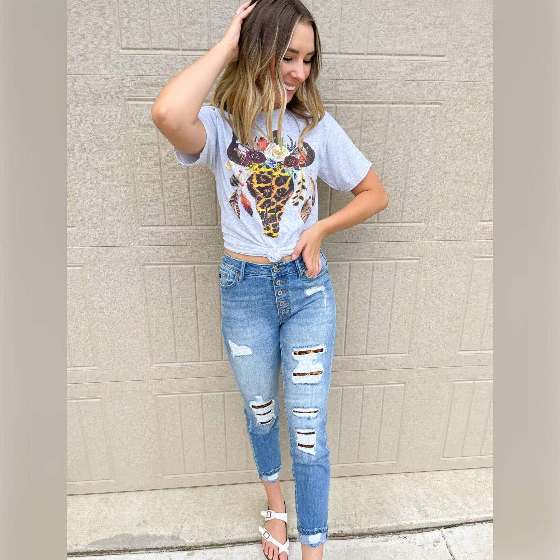 Women - Apparel - Shirts - T-Shirts Leopard Floral Feather Bull Skull Graphic Tee