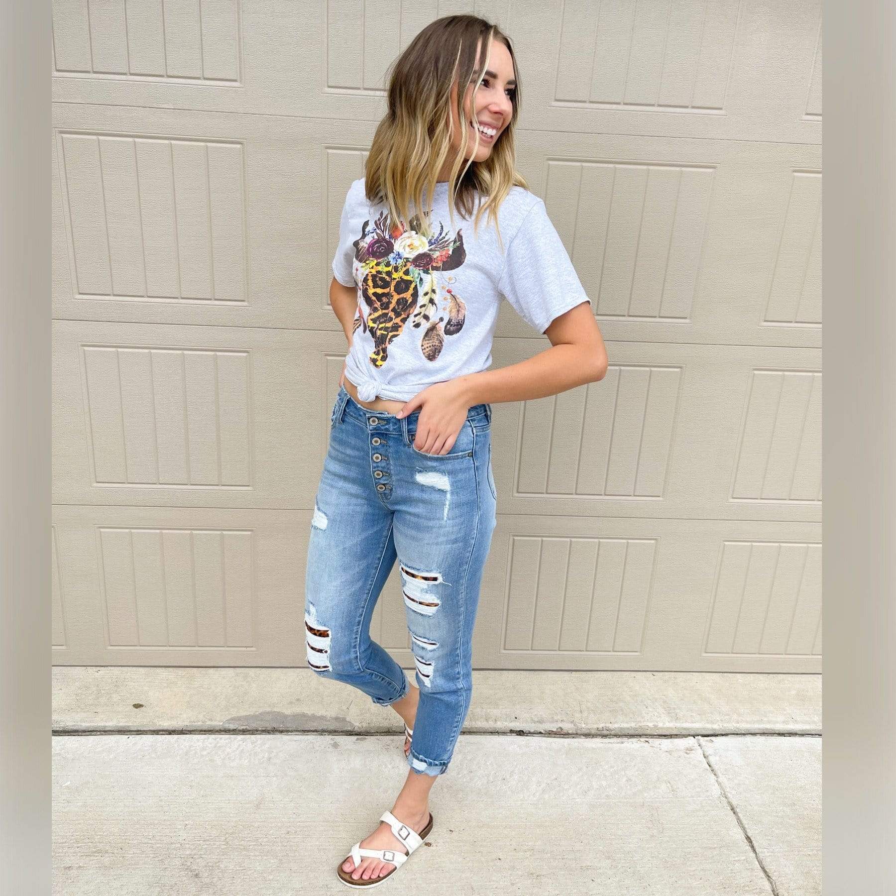 Women - Apparel - Shirts - T-Shirts Leopard Floral Feather Bull Skull Graphic Tee