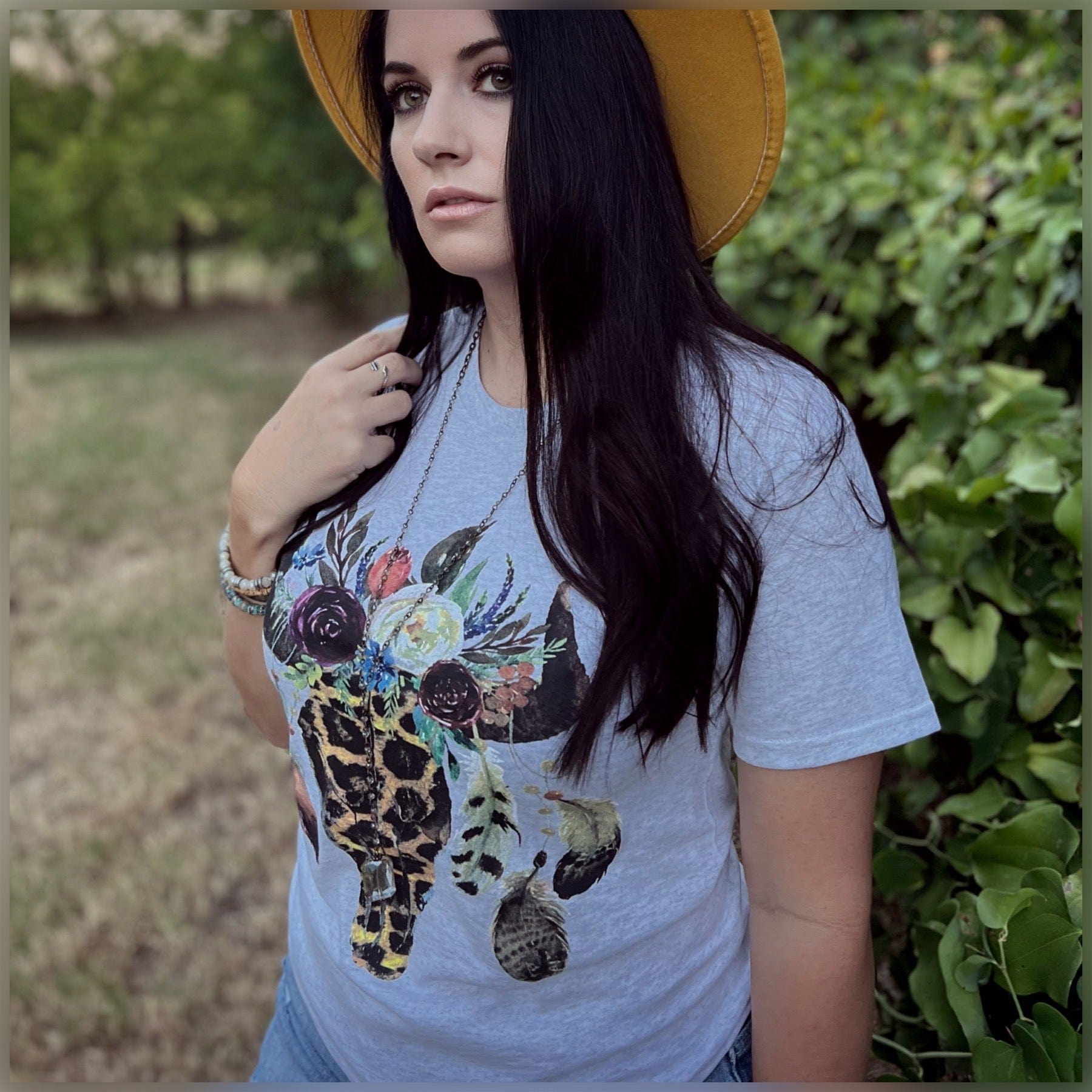 Women - Apparel - Shirts - T-Shirts Leopard Floral Feather Bull Skull Graphic Tee