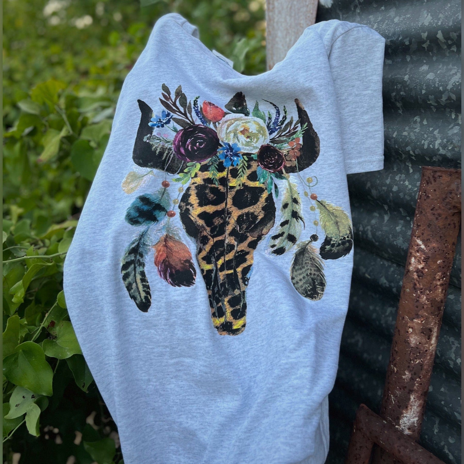 Women - Apparel - Shirts - T-Shirts Leopard Floral Feather Bull Skull Graphic Tee