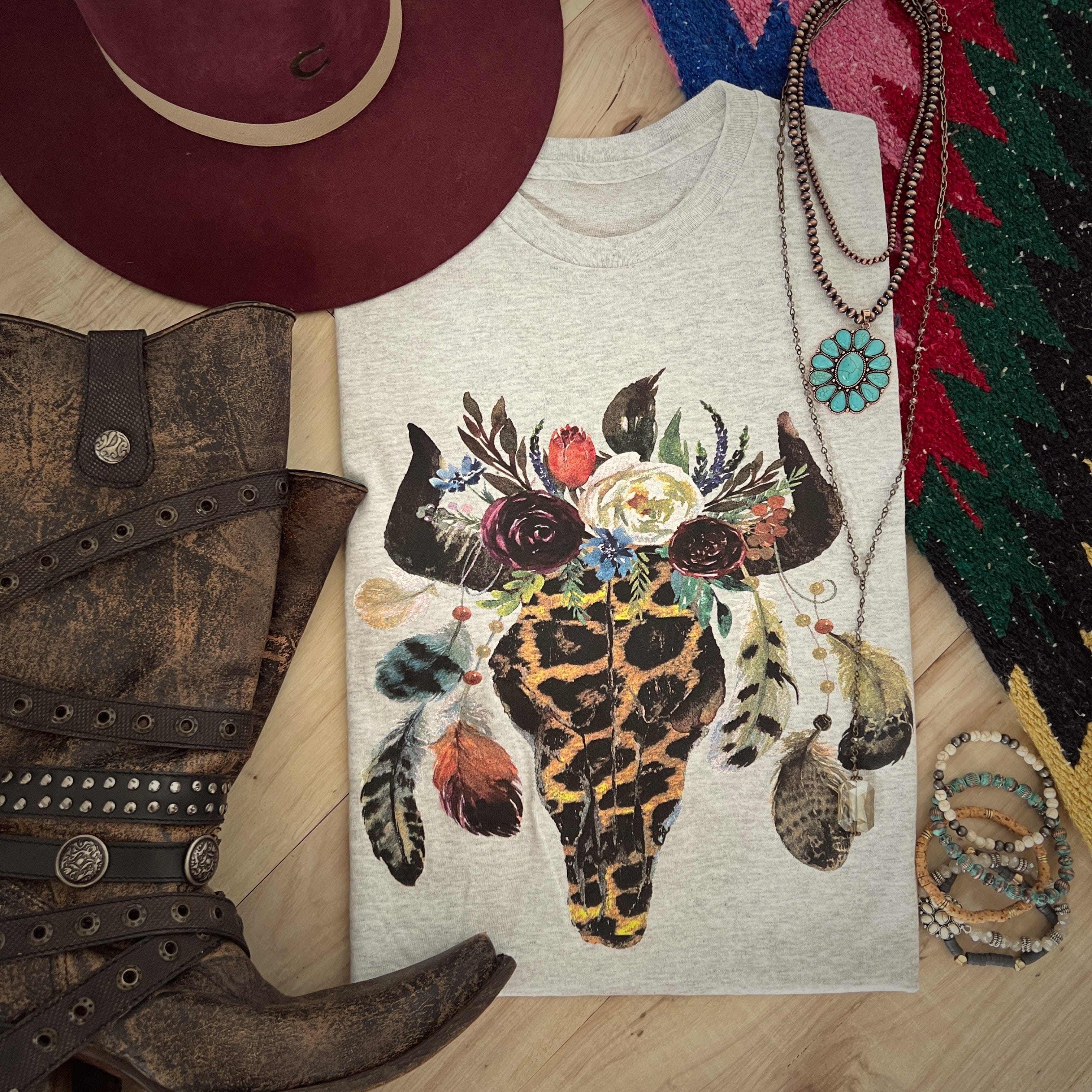 Women - Apparel - Shirts - T-Shirts Leopard Floral Feather Bull Skull Graphic Tee