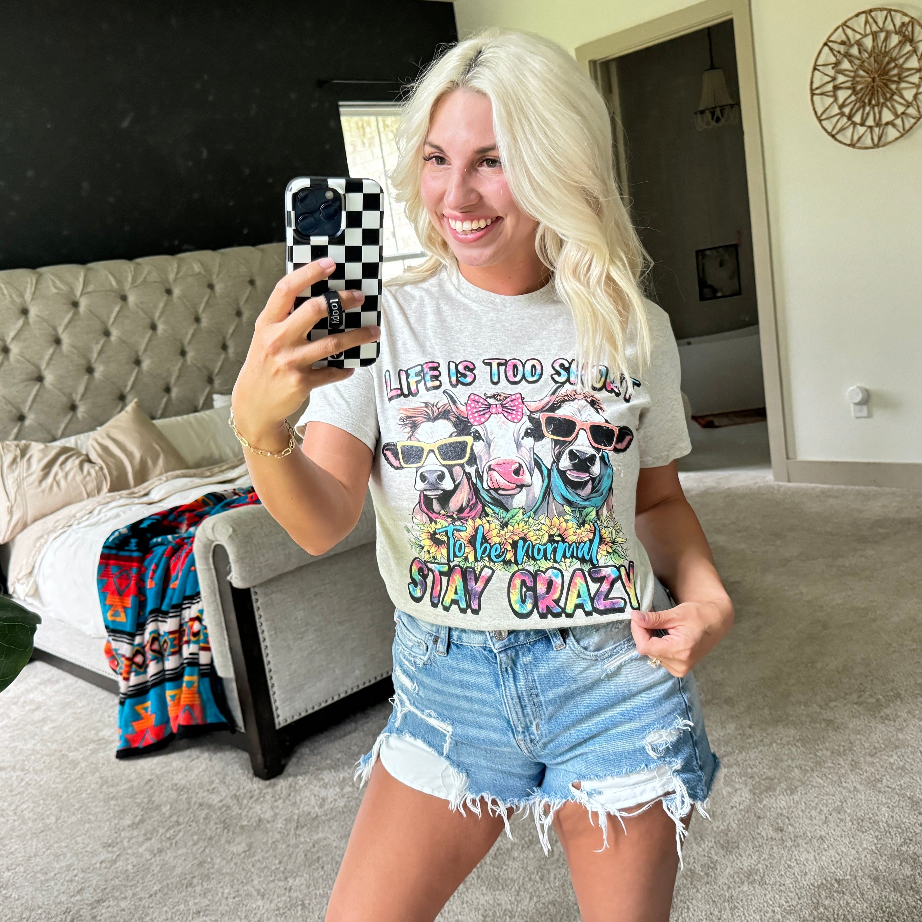 Women - Apparel - Shirts - T-Shirts Life Is Too Short TieDye Cows Graphic Tee